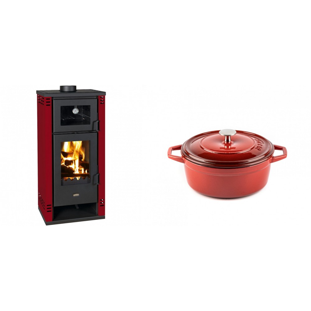 Set Kaminofen, Holzofen mit Backfach Prity K2 GT F Rot, 8.1 kW + Gusseisen Topf Tiefer Solagio, Rubin, Ф20