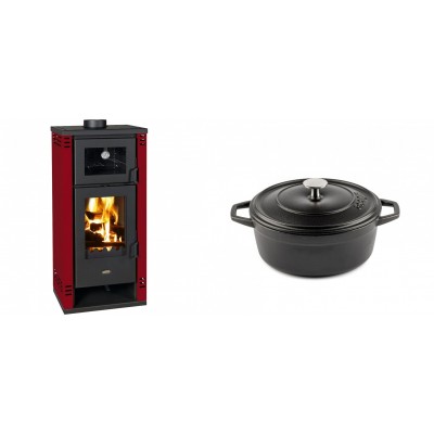 Set Kaminofen, Holzofen mit Backfach Prity K2 GT F Rot, 8.1 kW + Gusseisen Topf Tiefer Solagio, Black Onyx, Ф20 - Kaminofen - Holzofen mit Backfach