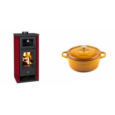 Set Kaminofen, Holzofen mit Backfach Prity K2 GT F Rot, 8.1 kW + Gusseisen Topf Tiefer Solagio, Dijon, Ф20 - Kaminofen - Holzofen mit Backfach