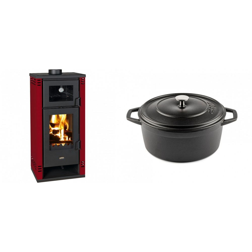 Set Kaminofen, Holzofen mit Backfach Prity K2 GT F Rot, 8.1 kW + Gusseisen Topf Tiefer Solagio, Black Onyx, Ф24 | Holzofen | Kaminofen |