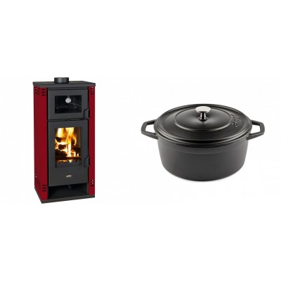Set Kaminofen, Holzofen mit Backfach Prity K2 GT F Rot, 8.1 kW + Gusseisen Topf Tiefer Solagio, Black Onyx, Ф24 - Kaminofen - Holzofen mit Backfach