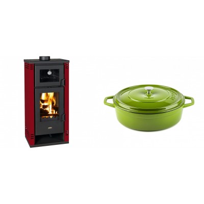 Set Kaminofen, Holzofen mit Backfach Prity K2 GT F Rot, 8.1 kW + Gusseisen Topf Flach Solagio, Bamboo, Ф26 - Kaminofen - Holzofen mit Backfach