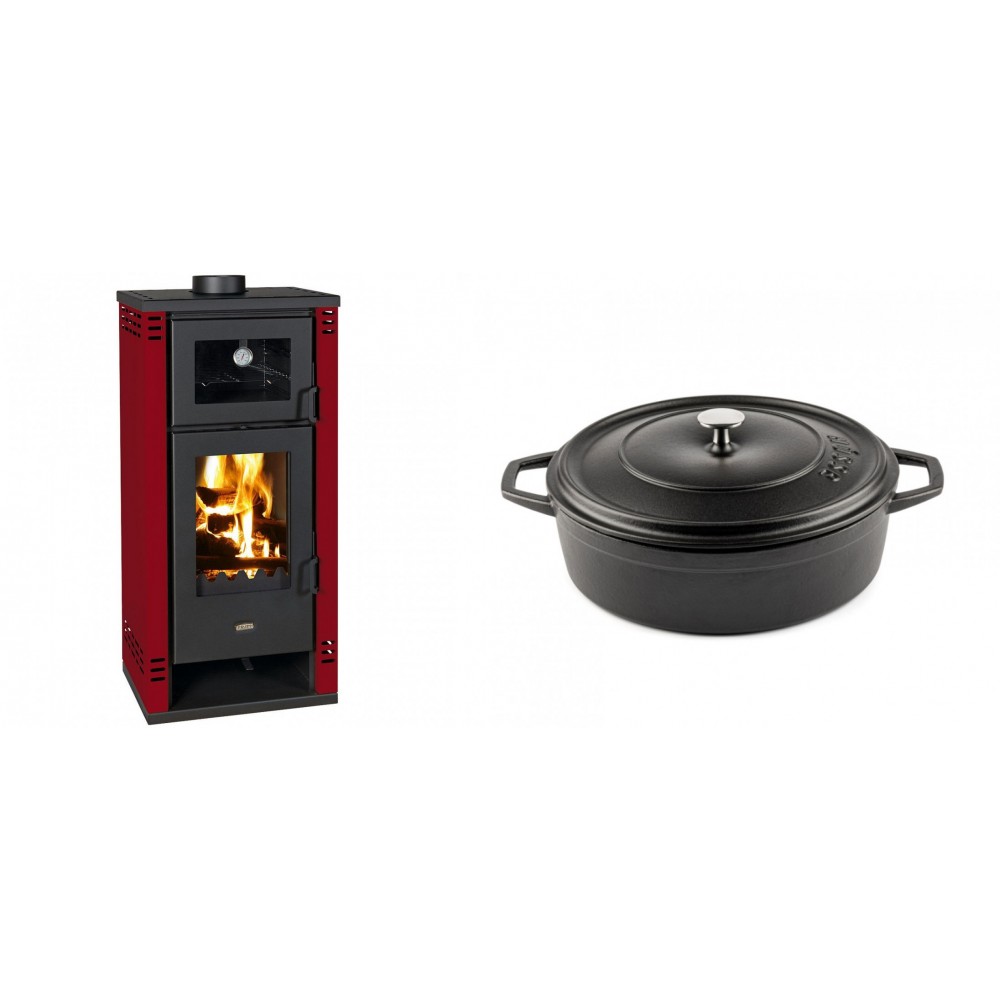 Set Kaminofen, Holzofen mit Backfach Prity K2 GT F Rot, 8.1 kW + Gusseisen Topf Flach Solagio, Black Onyx, Ф26 | Holzofen | Kaminofen |