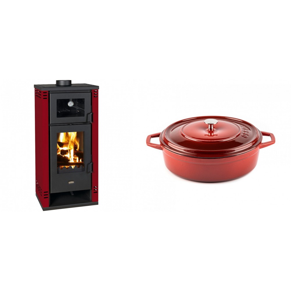 Set Kaminofen, Holzofen mit Backfach Prity K2 GT F Rot, 8.1 kW + Gusseisen Topf Flach Solagio, Rubin, Ф26