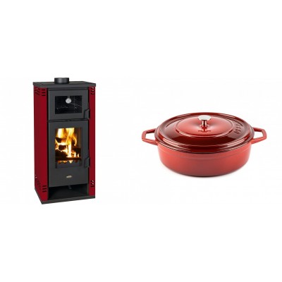 Set Kaminofen, Holzofen mit Backfach Prity K2 GT F Rot, 8.1 kW + Gusseisen Topf Flach Solagio, Rubin, Ф26 - Kaminofen - Holzofen mit Backfach
