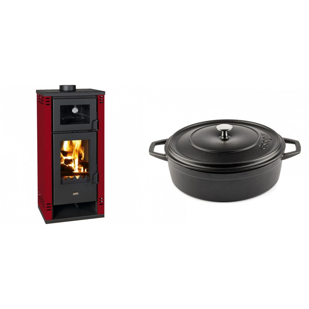 Set Kaminofen, Holzofen mit Backfach Prity K2 GT F Rot, 8.1 kW + Gusseisen Topf Flach Solagio, Black Onyx, Ф28
