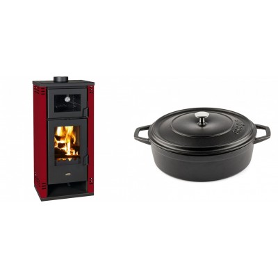 Set Kaminofen, Holzofen mit Backfach Prity K2 GT F Rot, 8.1 kW + Gusseisen Topf Flach Solagio, Black Onyx, Ф28 - Kaminofen - Holzofen mit Backfach