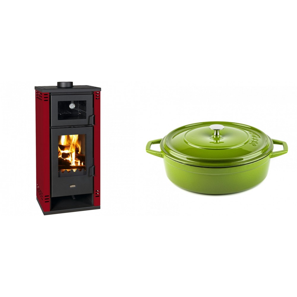 Set Kaminofen, Holzofen mit Backfach Prity K2 GT F Rot, 8.1 kW + Gusseisen Topf Flach Solagio, Bamboo, Ф28