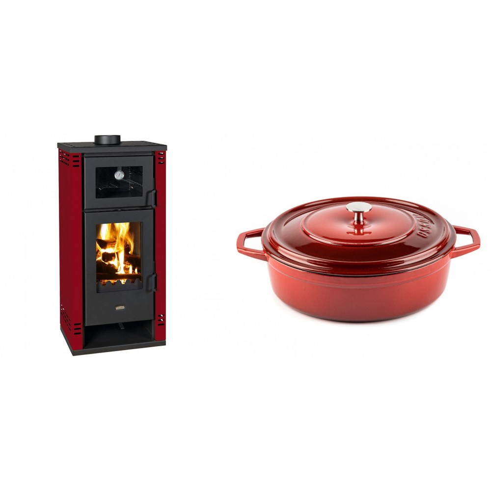 Set Kaminofen, Holzofen mit Backfach Prity K2 GT F Rot, 8.1 kW + Gusseisen Topf Flach Solagio, Rubin, Ф28