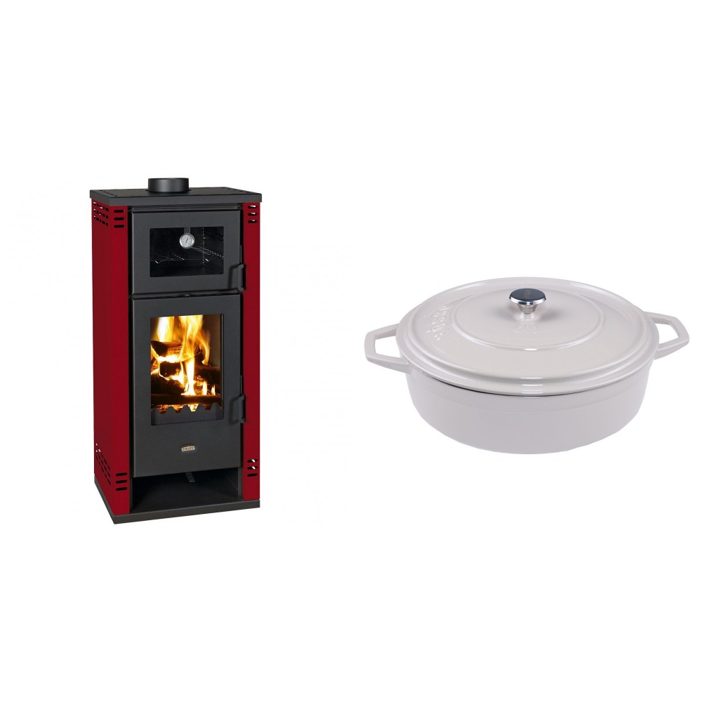 Set Kaminofen, Holzofen mit Backfach Prity K2 GT F Rot, 8.1 kW + Gusseisen Topf Flach Solagio, Ivory, Ф28