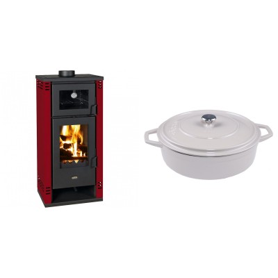 Set Kaminofen, Holzofen mit Backfach Prity K2 GT F Rot, 8.1 kW + Gusseisen Topf Flach Solagio, Ivory, Ф28 - Kaminofen - Holzofen mit Backfach