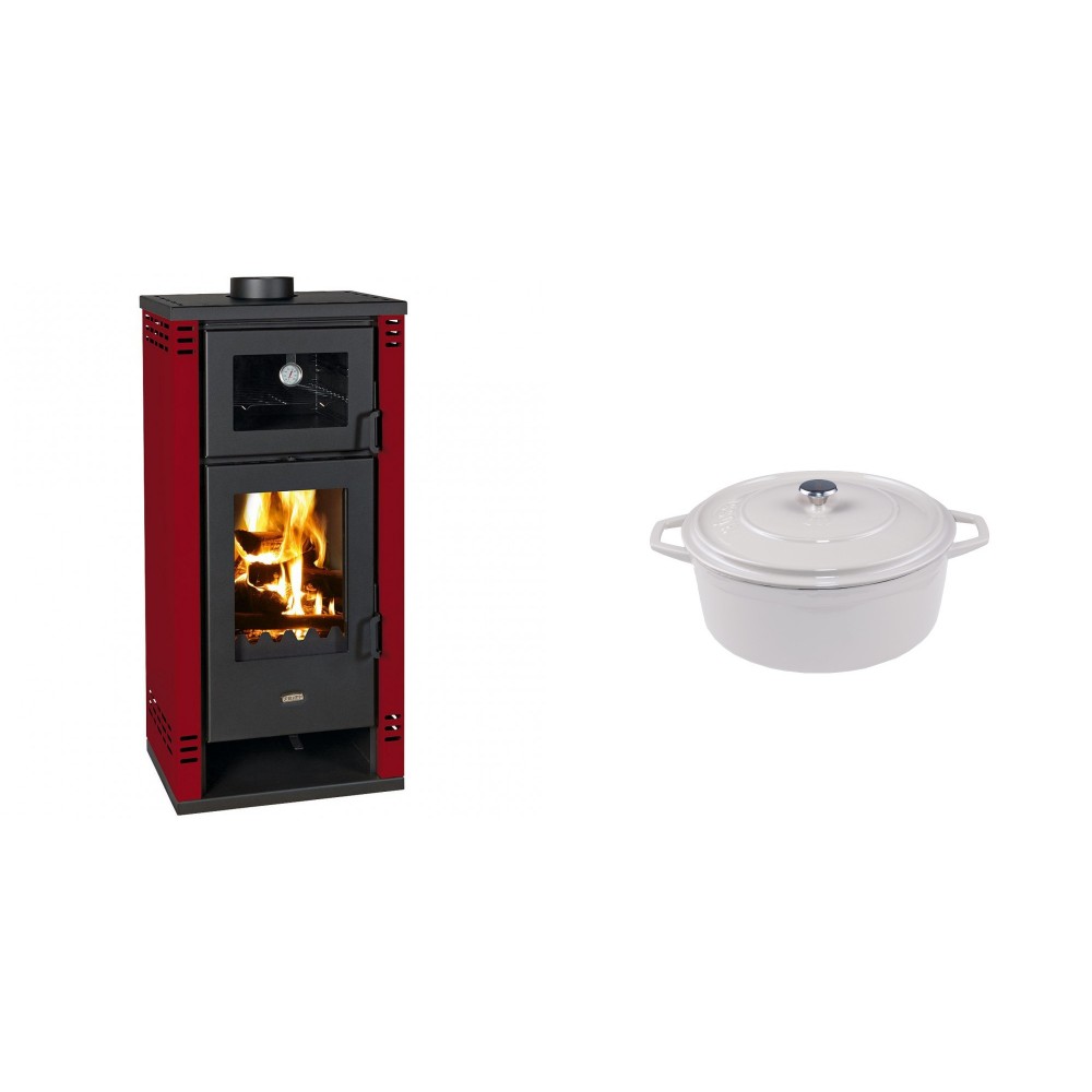 Set Kaminofen, Holzofen mit Backfach Prity K2 GT F Rot, 8.1 kW + Gusseisen Topf Tiefer Solagio, Ivory, Ф12 | Holzofen | Kaminofen |