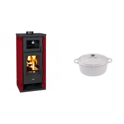 Set Kaminofen, Holzofen mit Backfach Prity K2 GT F Rot, 8.1 kW + Gusseisen Topf Tiefer Solagio, Ivory, Ф12 - Kaminofen - Holzofen mit Backfach