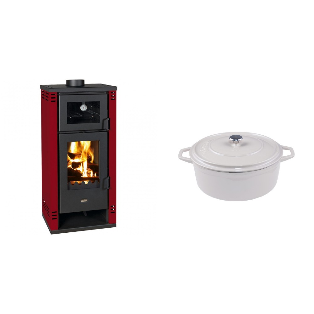 Set Kaminofen, Holzofen mit Backfach Prity K2 GT F Rot, 8.1 kW + Gusseisen Topf Tiefer Solagio, Ivory, Ф20