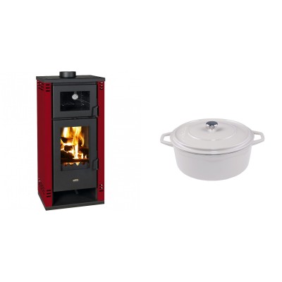 Set Kaminofen, Holzofen mit Backfach Prity K2 GT F Rot, 8.1 kW + Gusseisen Topf Tiefer Solagio, Ivory, Ф20 - Kaminofen - Holzofen mit Backfach