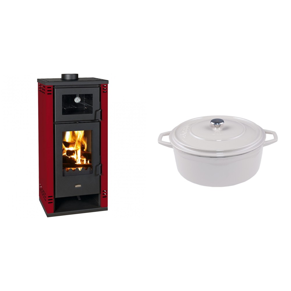 Set Kaminofen, Holzofen mit Backfach Prity K2 GT F Rot, 8.1 kW + Gusseisen Topf Tiefer Solagio, Ivory, Ф24 | Holzofen | Kaminofen |