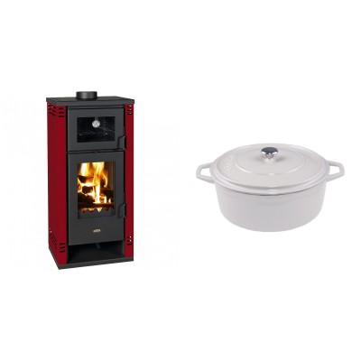 Set Kaminofen, Holzofen mit Backfach Prity K2 GT F Rot, 8.1 kW + Gusseisen Topf Tiefer Solagio, Ivory, Ф24 - Kaminofen - Holzofen mit Backfach