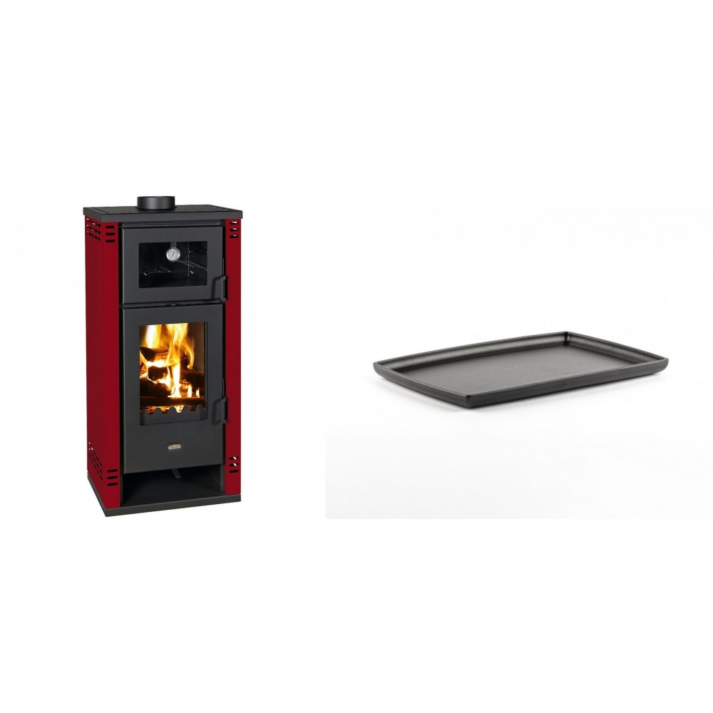 Set Kaminofen, Holzofen mit Backfach Prity K2 GT F Rot, 8.1 kW + Rechteckige Servierplatte aus Gusseisen Solagio, 21x31cm | Holzofen | Kaminofen |