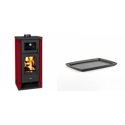Set Kaminofen, Holzofen mit Backfach Prity K2 GT F Rot, 8.1 kW + Rechteckige Servierplatte aus Gusseisen Solagio, 21x31cm - Kaminofen - Holzofen mit Backfach
