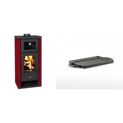 Set Kaminofen, Holzofen mit Backfach Prity K2 GT F Rot, 8.1 kW + Mini-Grillplatte aus Gusseisen Solagio, 15.5x22.5cm - Kaminofen - Holzofen mit Backfach