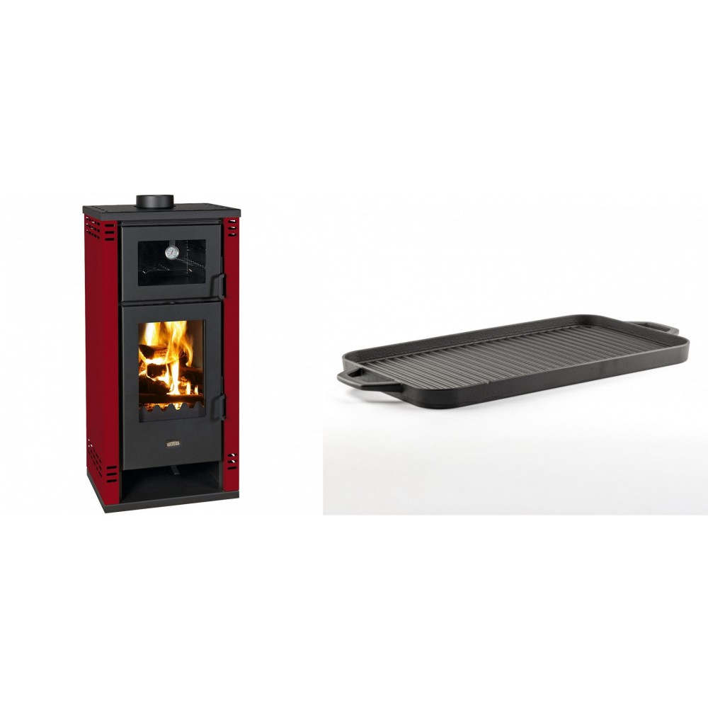 Set Kaminofen, Holzofen mit Backfach Prity K2 GT F Rot, 8.1 kW + Große Grillplatte aus Gusseisen Solagio, 25x44cm