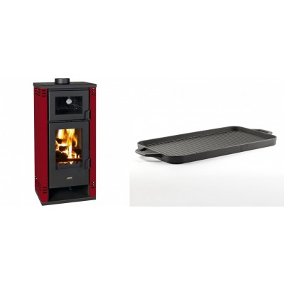 Set Kaminofen, Holzofen mit Backfach Prity K2 GT F Rot, 8.1 kW + Große Grillplatte aus Gusseisen Solagio, 25x44cm - Kaminofen - Holzofen mit Backfach