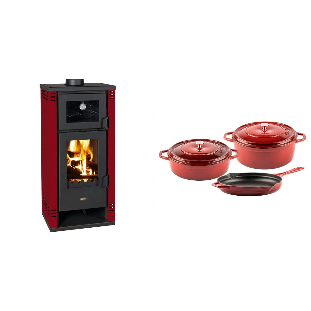 Set Kaminofen, Holzofen mit Backfach Prity K2 GT F Rot, 8.1 kW + Gusseisen Topf Set aus 3 teilen Solagio, Rubin