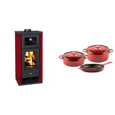 Set Kaminofen, Holzofen mit Backfach Prity K2 GT F Rot, 8.1 kW + Gusseisen Topf Set aus 3 teilen Solagio, Rubin - Kaminofen - Holzofen mit Backfach