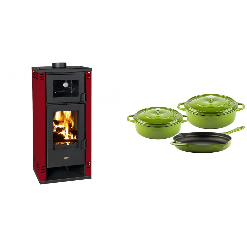 Set Kaminofen, Holzofen mit Backfach Prity K2 GT F Rot, 8.1 kW + Gusseisen Topf Set aus 3 teilen Solagio, Bamboo