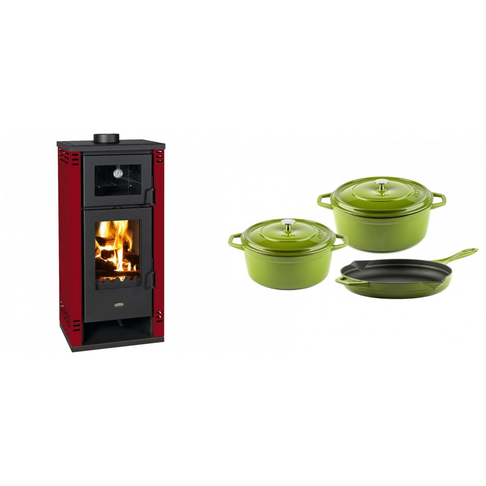 Set Kaminofen, Holzofen mit Backfach Prity K2 GT F Rot, 8.1 kW + Gusseisen Topf Set aus 3 teilen Solagio, Bamboo