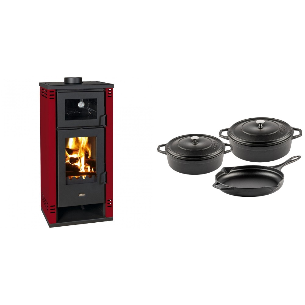 Set Kaminofen, Holzofen mit Backfach Prity K2 GT F Rot, 8.1 kW + Gusseisen Topf Set aus 3 teilen Solagio, Black Onyx
