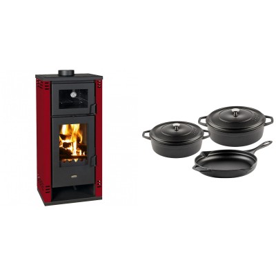 Set Kaminofen, Holzofen mit Backfach Prity K2 GT F Rot, 8.1 kW + Gusseisen Topf Set aus 3 teilen Solagio, Black Onyx - Kaminofen - Holzofen mit Backfach