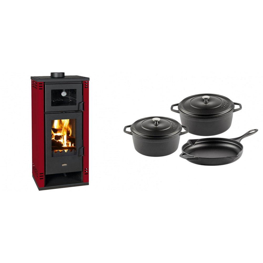 Set Kaminofen, Holzofen mit Backfach Prity K2 GT F Rot, 8.1 kW + Gusseisen Topf Set aus 3 teilen Solagio, Black Onyx | Holzofen | Kaminofen |
