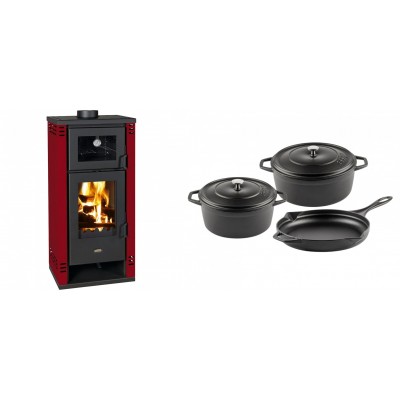 Set Kaminofen, Holzofen mit Backfach Prity K2 GT F Rot, 8.1 kW + Gusseisen Topf Set aus 3 teilen Solagio, Black Onyx - Kaminofen - Holzofen mit Backfach