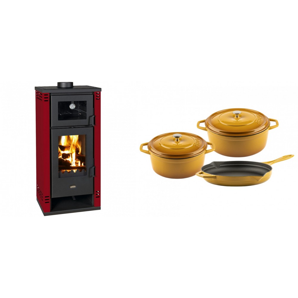 Set Kaminofen, Holzofen mit Backfach Prity K2 GT F Rot, 8.1 kW + Gusseisen Topf Set aus 3 teilen Solagio, Dijon