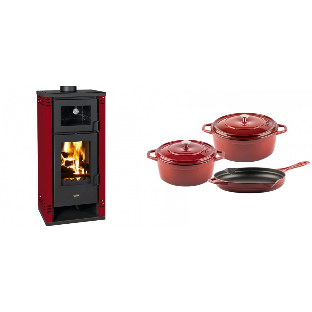 Set Kaminofen, Holzofen mit Backfach Prity K2 GT F Rot, 8.1 kW + Gusseisen Topf Set aus 3 teilen Solagio, Rubin | Holzofen | Kaminofen |