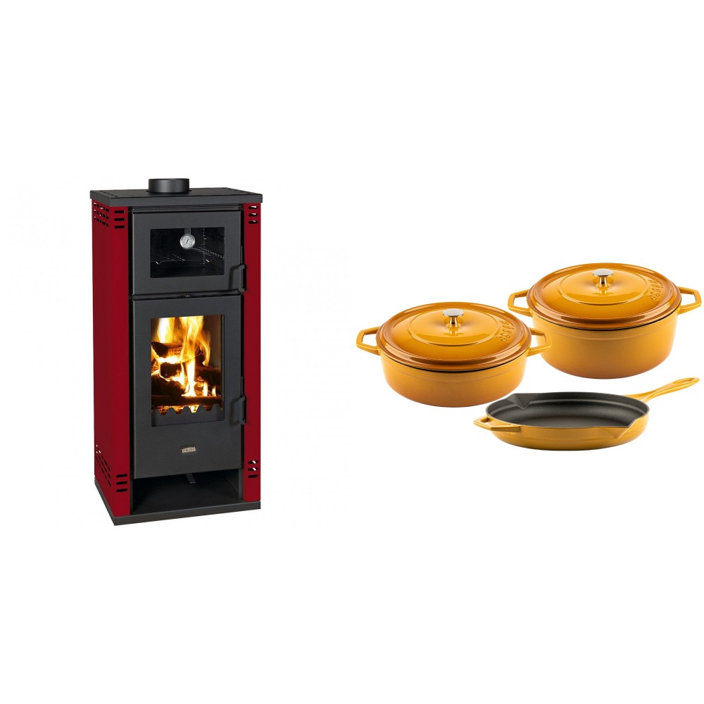 Set Kaminofen, Holzofen mit Backfach Prity K2 GT F Rot, 8.1 kW + Gusseisen Topf Set aus 3 teilen Solagio, Dijon
