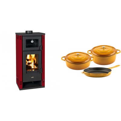 Set Kaminofen, Holzofen mit Backfach Prity K2 GT F Rot, 8.1 kW + Gusseisen Topf Set aus 3 teilen Solagio, Dijon - Kaminofen - Holzofen mit Backfach