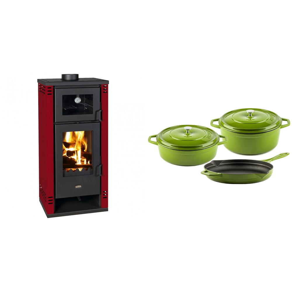 Set Kaminofen, Holzofen mit Backfach Prity K2 GT F Rot, 8.1 kW + Gusseisen Topf Set aus 3 teilen Solagio, Bamboo