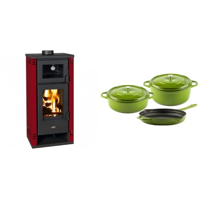 Set Kaminofen, Holzofen mit Backfach Prity K2 GT F Rot, 8.1 kW + Gusseisen Topf Set aus 3 teilen Solagio, Bamboo - Kaminofen - Holzofen mit Backfach