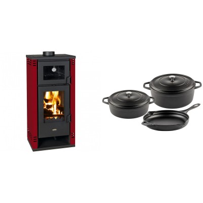 Set Kaminofen, Holzofen mit Backfach Prity K2 GT F Rot, 8.1 kW + Gusseisen Topf Set aus 3 teilen Solagio, Black Onyx - Kaminofen - Holzofen mit Backfach