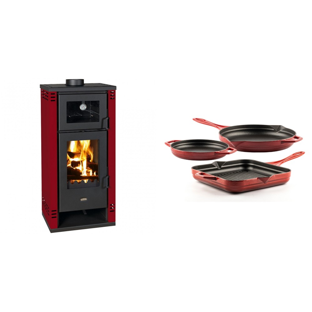 Set Kaminofen, Holzofen mit Backfach Prity K2 GT F Rot, 8.1 kW + Gusseisen Topf Set aus 3 teilen Solagio, Rubin | Holzofen | Kaminofen |