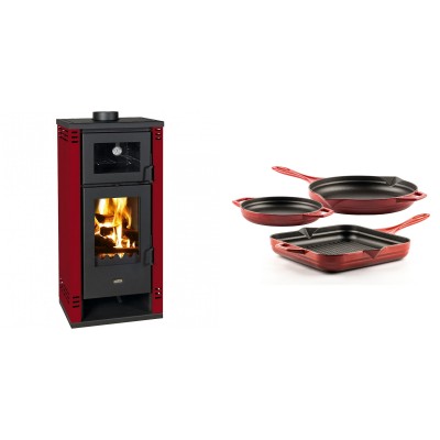 Set Kaminofen, Holzofen mit Backfach Prity K2 GT F Rot, 8.1 kW + Gusseisen Topf Set aus 3 teilen Solagio, Rubin - Kaminofen - Holzofen mit Backfach