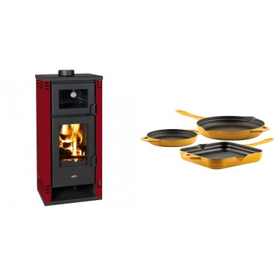 Set Kaminofen, Holzofen mit Backfach Prity K2 GT F Rot, 8.1 kW + Gusseisen Topf Set aus 3 teilen Solagio, Dijon - Kaminofen - Holzofen mit Backfach
