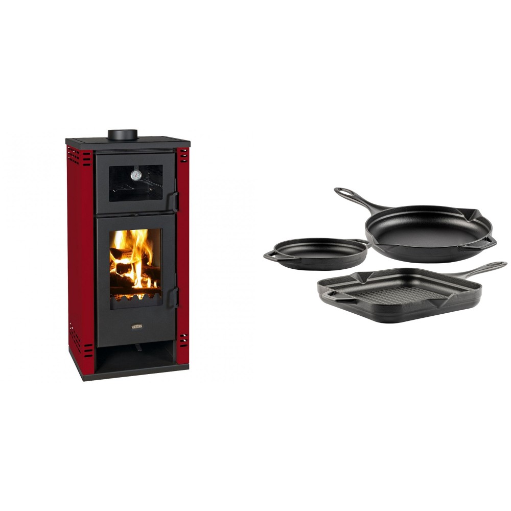 Set Kaminofen, Holzofen mit Backfach Prity K2 GT F Rot, 8.1 kW + Gusseisen Topf Set aus 3 teilen Solagio, Black Onyx | Holzofen | Kaminofen |