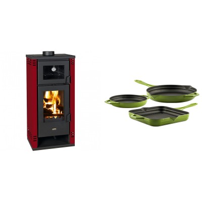 Set Kaminofen, Holzofen mit Backfach Prity K2 GT F Rot, 8.1 kW + Gusseisen Topf Set aus 3 teilen Solagio, Bamboo - Kaminofen - Holzofen mit Backfach