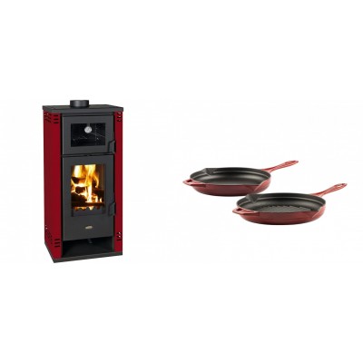 Set Kaminofen, Holzofen mit Backfach Prity K2 GT F Rot, 8.1 kW + Gusseisen Topf Set aus 2 teilen Solagio, Rubin - Kaminofen - Holzofen mit Backfach