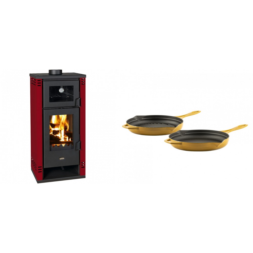 Set Kaminofen, Holzofen mit Backfach Prity K2 GT F Rot, 8.1 kW + Gusseisen Topf Set aus 2 teilen Solagio, Dijon