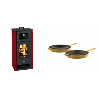 Set Kaminofen, Holzofen mit Backfach Prity K2 GT F Rot, 8.1 kW + Gusseisen Topf Set aus 2 teilen Solagio, Dijon - Kaminofen - Holzofen mit Backfach