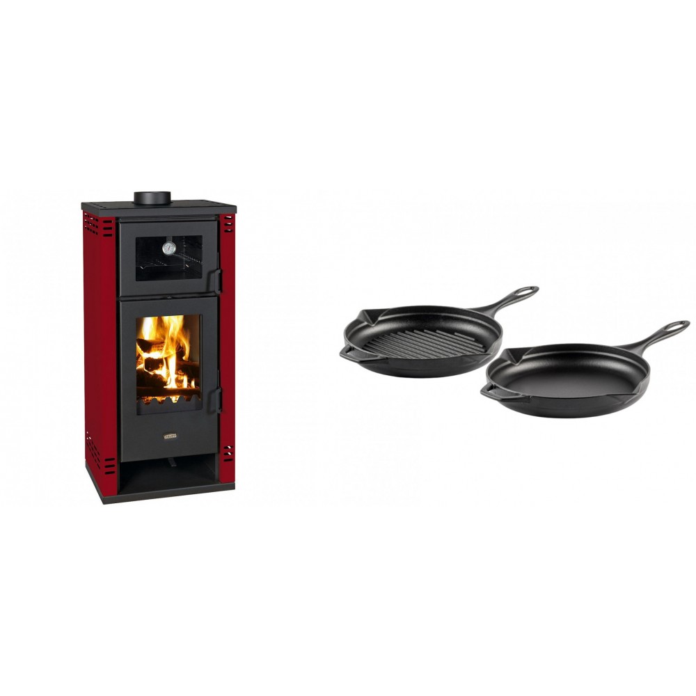 Set Kaminofen, Holzofen mit Backfach Prity K2 GT F Rot, 8.1 kW + Gusseisen Topf Set aus 2 teilen Solagio, Black Onyx | Holzofen | Kaminofen |